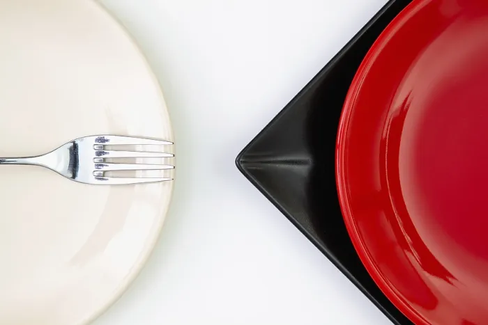 Framed Print : White Table Top View Print with Red, Black and Plates