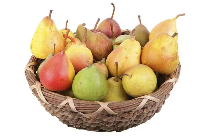 Framed Print : Different Pears in a Wicker Basket Print