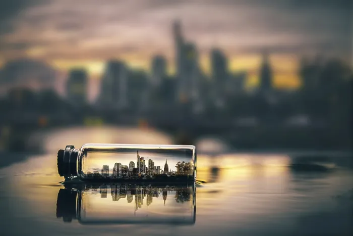 Framed Print : Digital Composing Print: Frankfurt Skyline at Sunset in a Message in a Bottle Framed Print : Digital Composing Print: Frankfurt Skyline at Sunset in a Message in a Bottle
