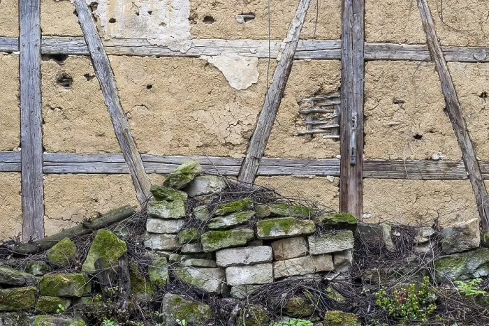 Framed Print : Dilapidated Wall and Half-Timbered Barn Print, Germany Framed Print : Dilapidated Wall and Half-Timbered Barn Print, Germany