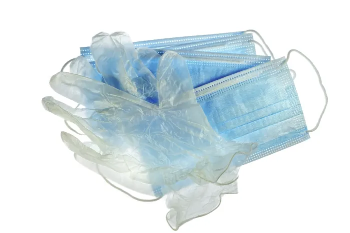 Framed Print : Disposable Clear Plastic Gloves and Facemasks Print