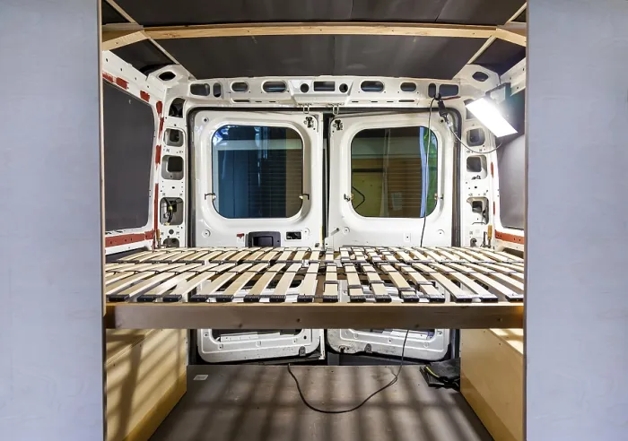 Framed Print : DIY Camper Van Conversion Print: Handcrafted Bed Frame