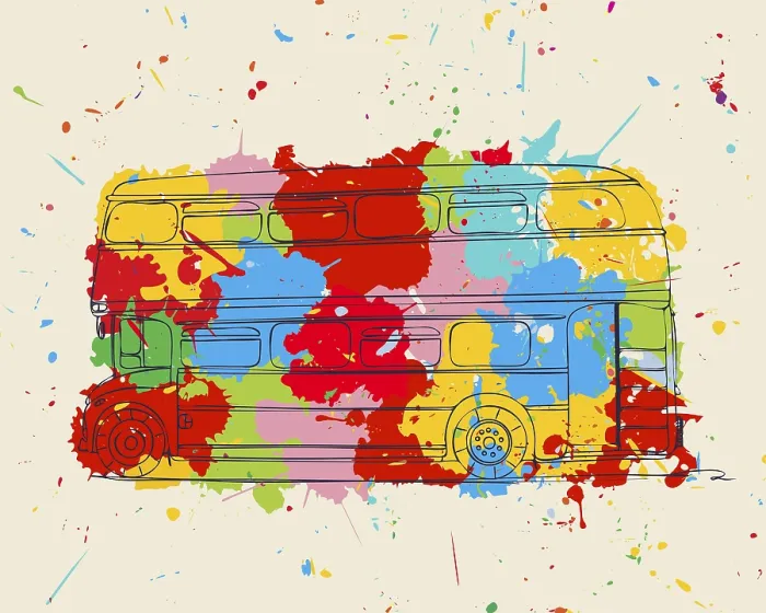 Framed Print : Double Decker Sketch Print Over Colored Splats Framed Print : Double Decker Sketch Print Over Colored Splats