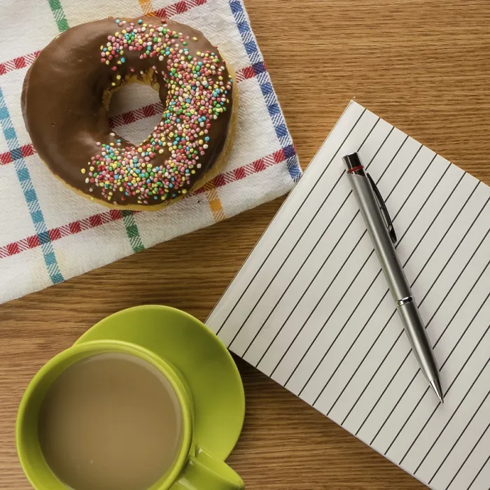 Framed Print : Doughnut Coffee Print with Notepad and Pen Framed Print : Doughnut Coffee Print with Notepad and Pen