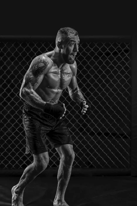 Framed Print : Black and White MMA Fighter Print in the Octagon