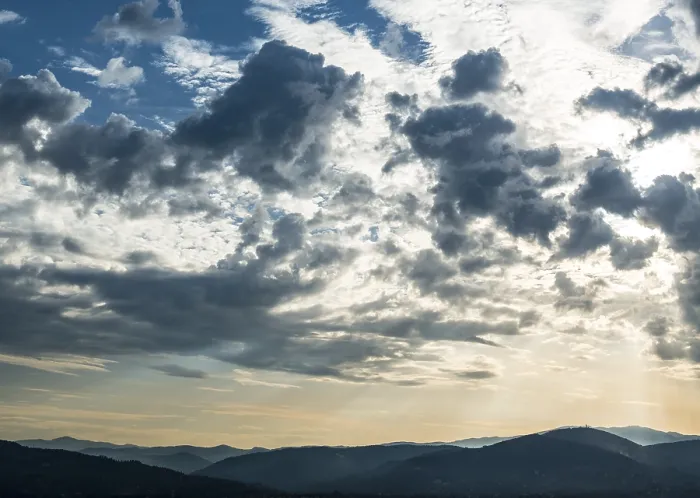 Framed Print : Dramatic clouds and hills twilight print, Tuscany Italy