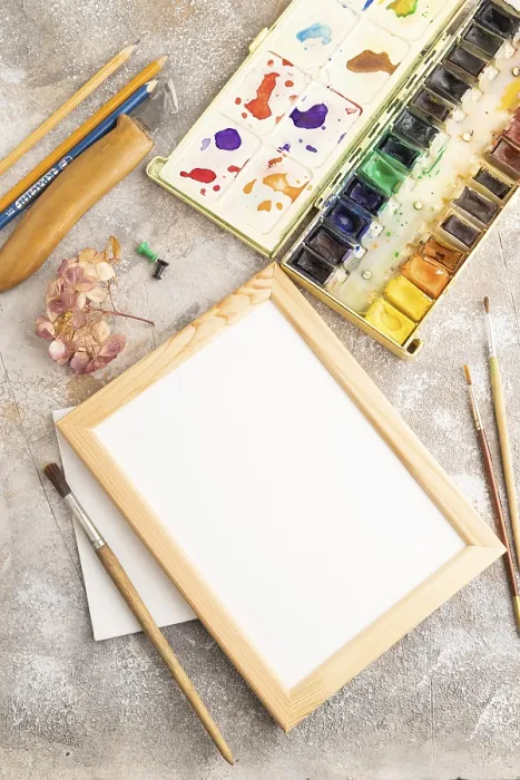 Framed Print : Drawing Accessories Set Print - Top View Flat Lay Framed Print : Drawing Accessories Set Print - Top View Flat Lay