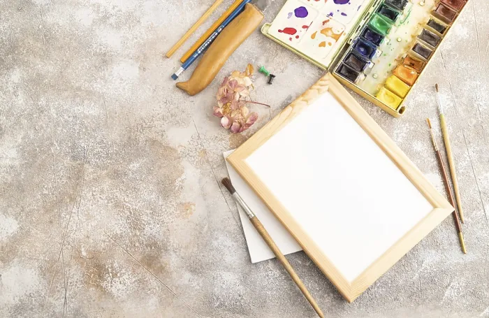 Framed Print : Drawing Accessories Print: Brushes, Pencils & Watercolor Set Framed Print : Drawing Accessories Print: Brushes, Pencils & Watercolor Set