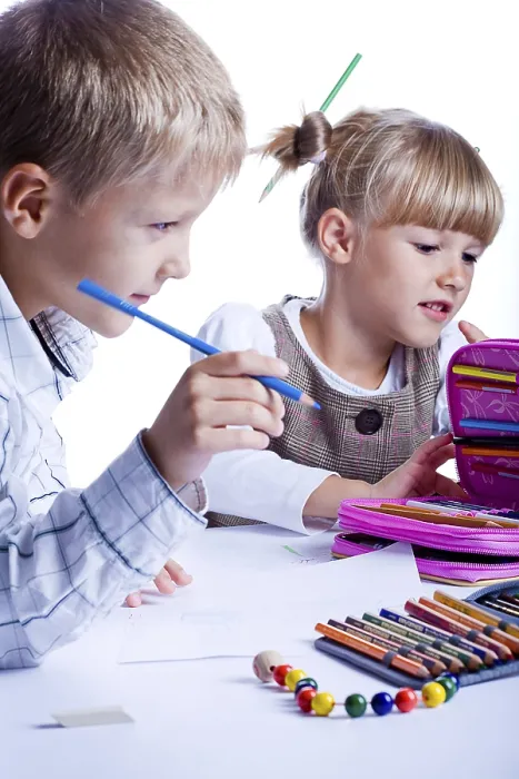 Framed Print : Two Schoolkids Drawing at a Table Print Framed Print : Two Schoolkids Drawing at a Table Print