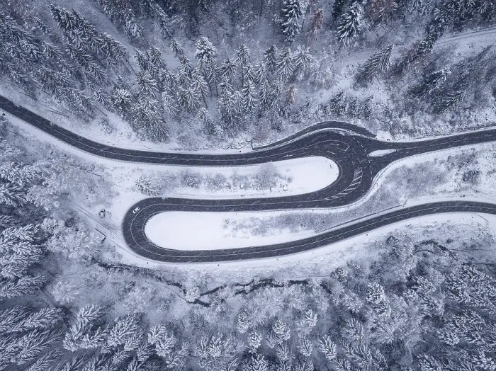 Framed Print : Drone View Print: Snowy Road Bend in Black Forest, Germany Framed Print : Drone View Print: Snowy Road Bend in Black Forest, Germany