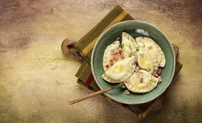 Framed Print : Polish Dumplings with Fried Prosciutto Print Framed Print : Polish Dumplings with Fried Prosciutto Print