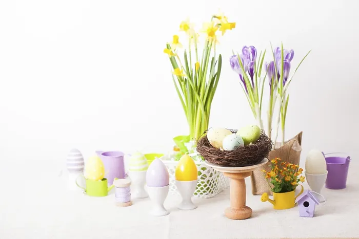 Framed Print : Easter Decorations Print - Egg Candles and Flowers Framed Print : Easter Decorations Print - Egg Candles and Flowers