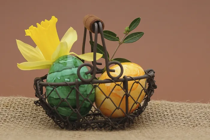Framed Print : Two Easter Eggs in a Basket with Daffodil Print Framed Print : Two Easter Eggs in a Basket with Daffodil Print