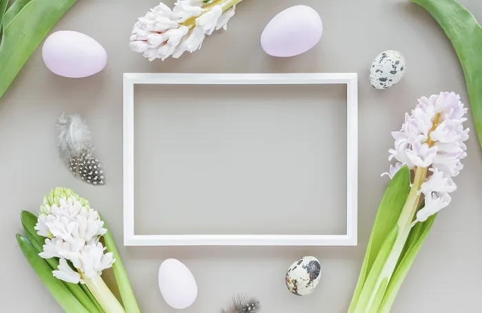 Framed Print : Easter Mockup Print with White Frame and Floral Elements Framed Print : Easter Mockup Print with White Frame and Floral Elements