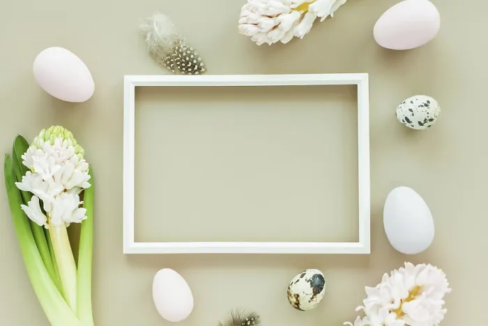 Framed Print : Easter Mockup Print with White Frame and Floral Elements Framed Print : Easter Mockup Print with White Frame and Floral Elements