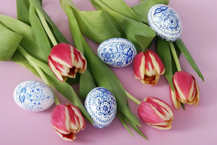 Framed Print : Easter Setting with Eggs and Tulips Print Framed Print : Easter Setting with Eggs and Tulips Print