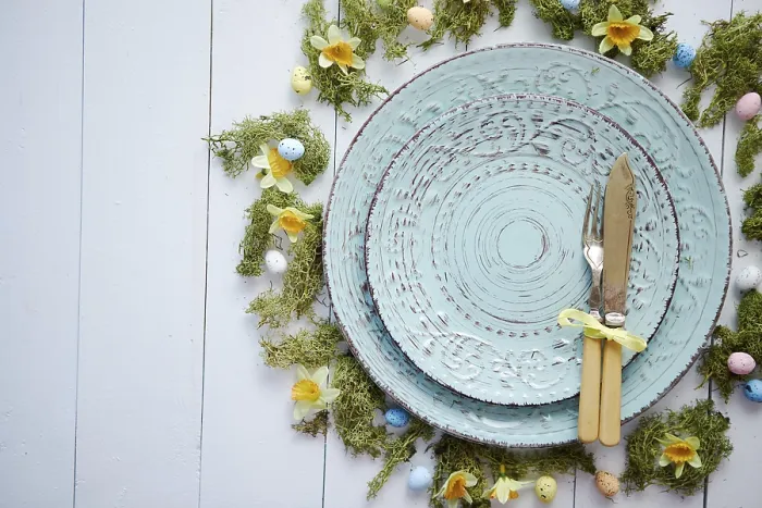 Framed Print : Easter Table Setting Print with Flowers and Eggs Framed Print : Easter Table Setting Print with Flowers and Eggs