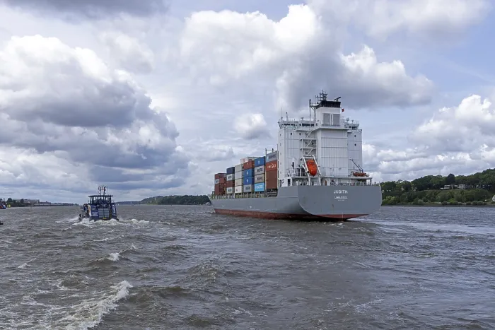 Framed Print : Elbe Ferry and Container Ship Print, Hamburg, Germany Framed Print : Elbe Ferry and Container Ship Print, Hamburg, Germany