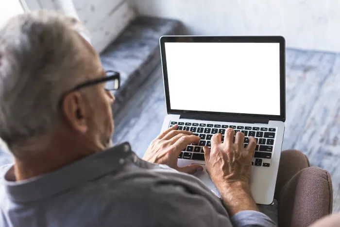 Framed Print : Elevated View Man Using Laptop Print Framed Print : Elevated View Man Using Laptop Print
