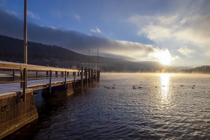 Framed Print : Evening Light with Jetty Winter Print, Titisee Germany Framed Print : Evening Light with Jetty Winter Print, Titisee Germany