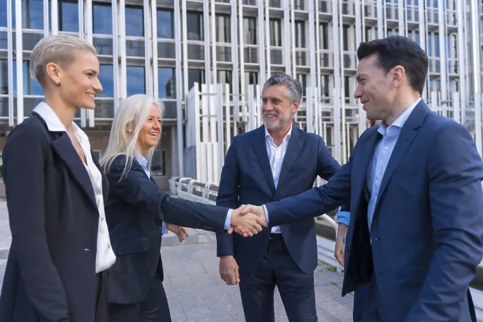 Framed Print : Executives Exchanging Greetings in Commercial Center Print Framed Print : Executives Exchanging Greetings in Commercial Center Print