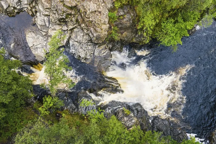 Framed Print : Top Down Print of Falloch Falls from a Drone, Scotland UK Framed Print : Top Down Print of Falloch Falls from a Drone, Scotland UK