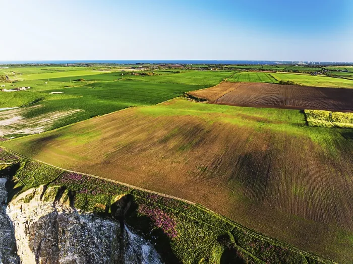 Framed Print : Print of Farm and Fields over Bempton Cliffs from a Drone Framed Print : Print of Farm and Fields over Bempton Cliffs from a Drone