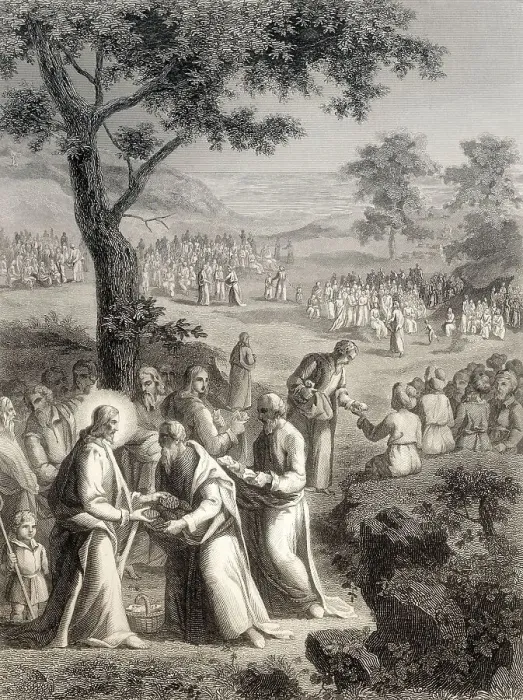 Framed Print : Feeding the multitude Steel Engraving Print 1853
