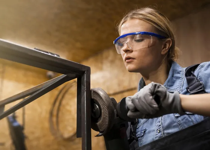 Framed Print : Female welder using angle grinder Print Framed Print : Female welder using angle grinder Print