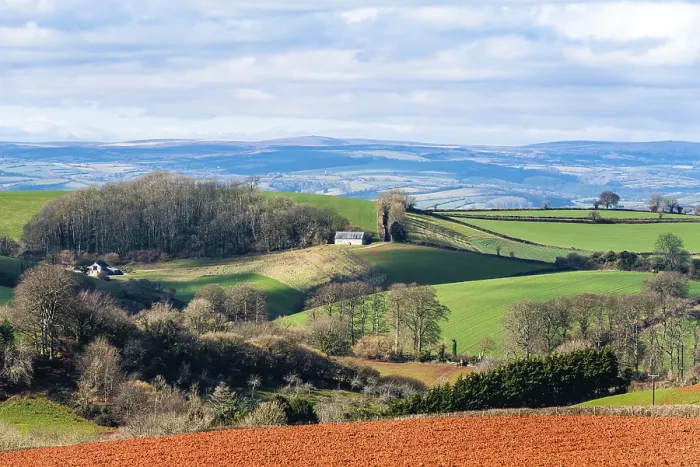 Framed Print : Fields and Farmlands over Devon Print, England, UK Framed Print : Fields and Farmlands over Devon Print, England, UK