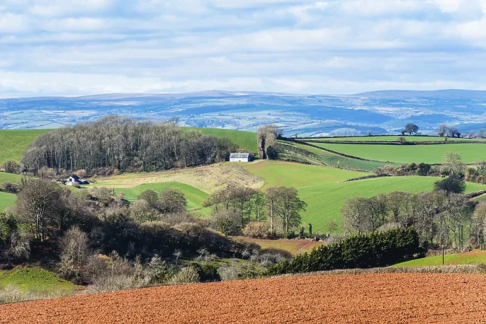 Framed Print : Fields and Farmlands over Devon Print, England UK Framed Print : Fields and Farmlands over Devon Print, England UK