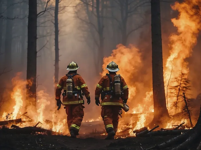 Framed Print : Two Firefighters Walking into a Forest on Fire Print Framed Print : Two Firefighters Walking into a Forest on Fire Print