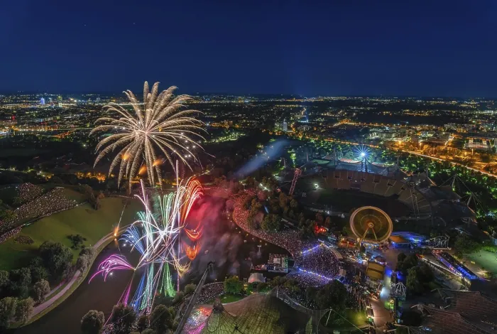 Framed Print : Print of Fireworks over Munich from a High Position, Germany Framed Print : Print of Fireworks over Munich from a High Position, Germany