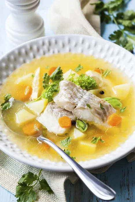 Framed Print : Print of Fish Soup with Cod and Vegetables Framed Print : Print of Fish Soup with Cod and Vegetables