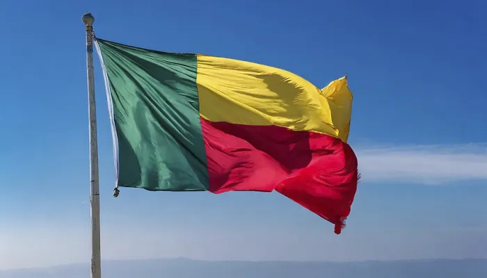 Framed Print : Benin Flag Print - Isolated Against Blue Sky Framed Print : Benin Flag Print - Isolated Against Blue Sky