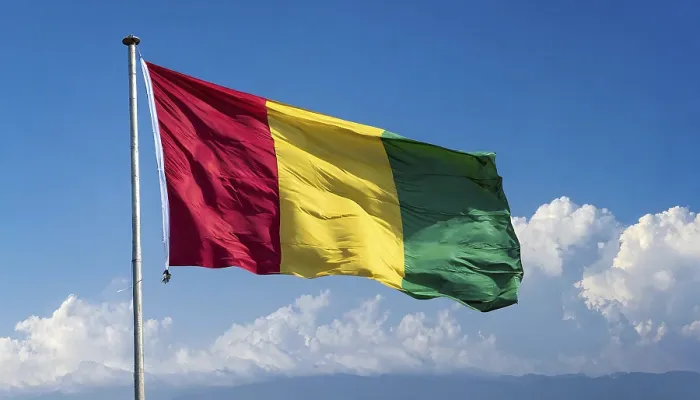 Framed Print : The Flag of Guinea Print - Isolated Against Blue Sky Framed Print : The Flag of Guinea Print - Isolated Against Blue Sky