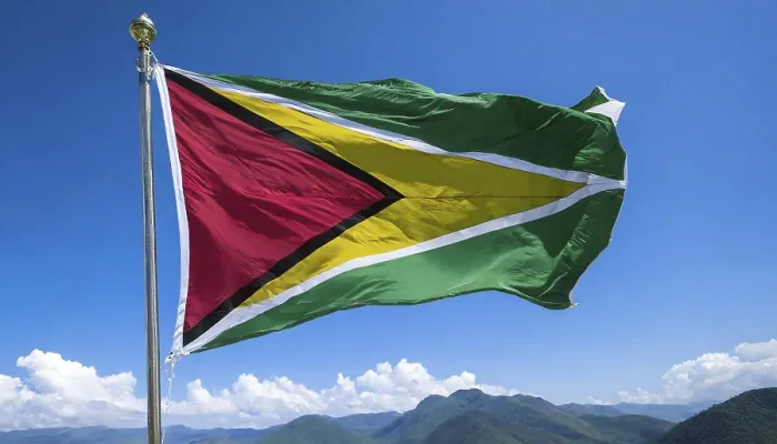 Framed Print : Guyana Flag Print - Isolated Against Blue Sky Framed Print : Guyana Flag Print - Isolated Against Blue Sky