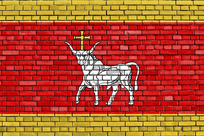 Framed Print : Flag of Kaunas Painted on Brick Wall Print Framed Print : Flag of Kaunas Painted on Brick Wall Print