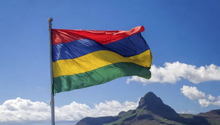Framed Print : The Flag of Mauritius Print - Isolated Against Blue Sky Framed Print : The Flag of Mauritius Print - Isolated Against Blue Sky