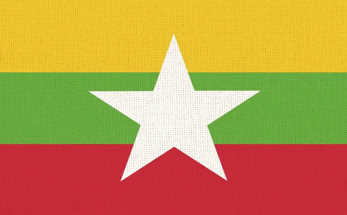 Framed Print : Flag of Myanmar Print on Fabric Surface Framed Print : Flag of Myanmar Print on Fabric Surface