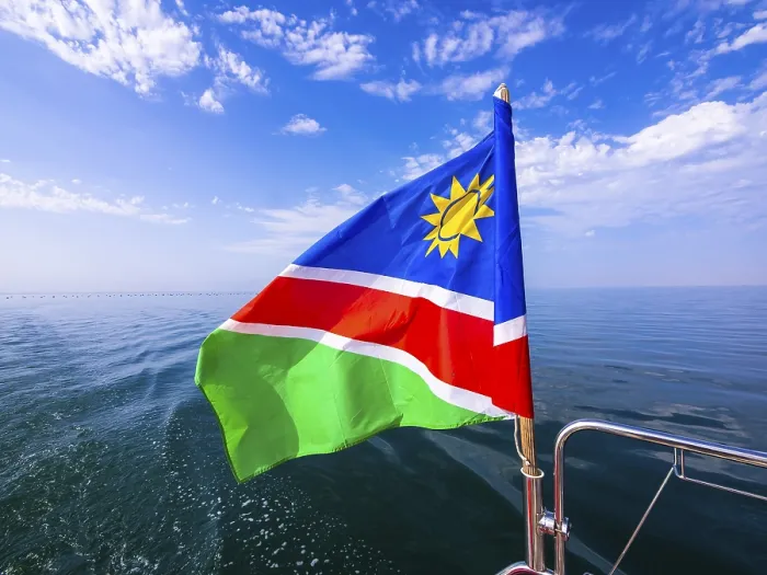 Framed Print : Flag of Namibia Print on a Motorboat Framed Print : Flag of Namibia Print on a Motorboat