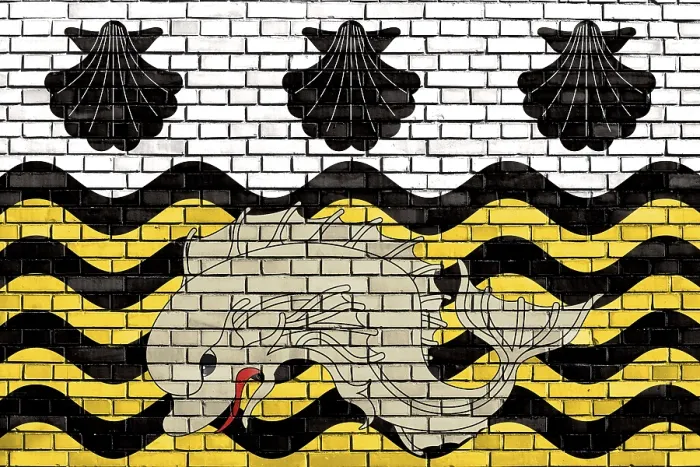 Framed Print : Flag of Poole Painted Print on Brick Wall Framed Print : Flag of Poole Painted Print on Brick Wall