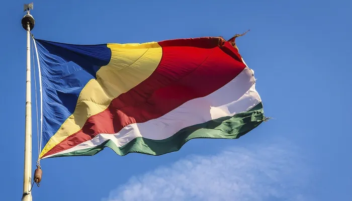 Framed Print : The Flag of Seychelles Print: Blue Sky Scene Framed Print : The Flag of Seychelles Print: Blue Sky Scene