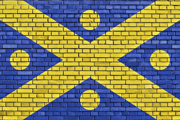 Framed Print : Flag of Zingem Painted on Brick Wall Print