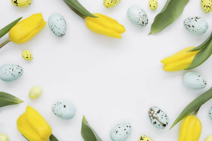 Framed Print : Flat Lay Easter Eggs with Tulips Print Framed Print : Flat Lay Easter Eggs with Tulips Print