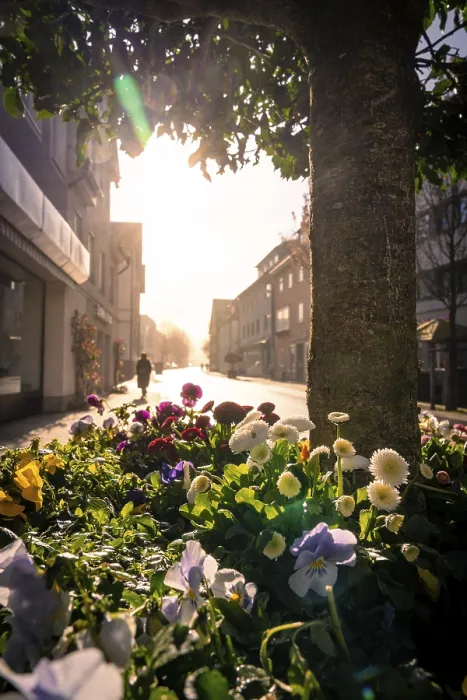 Framed Print : Flowerbed in the city with backlight behind a tree Print, Nagold, Germany Framed Print : Flowerbed in the city with backlight behind a tree Print, Nagold, Germany