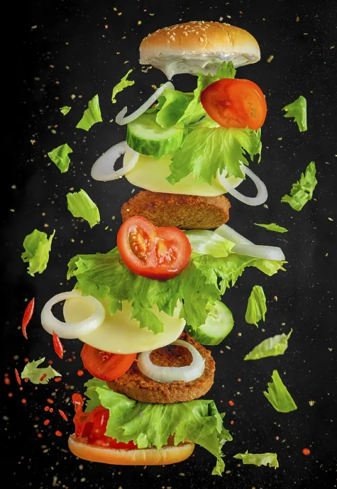 Framed Print : Flying Burger Print: Floating Ingredients on Dark Background Framed Print : Flying Burger Print: Floating Ingredients on Dark Background