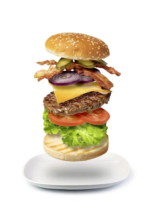 Framed Print : Flying Burger Print - Isolated on White Background Framed Print : Flying Burger Print - Isolated on White Background