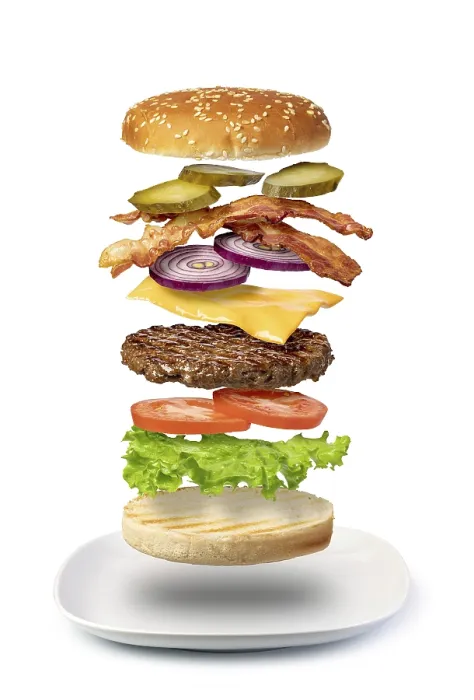 Framed Print : Flying Burger Print - Isolated on White Background Framed Print : Flying Burger Print - Isolated on White Background