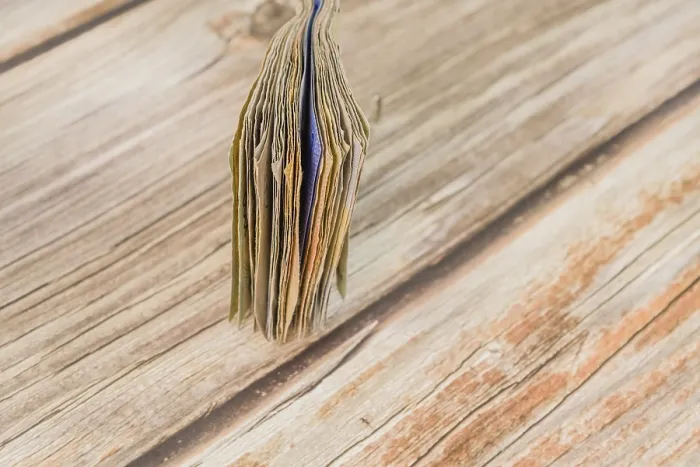 Framed Print : Folded Currency Notes Print on Wooden Table